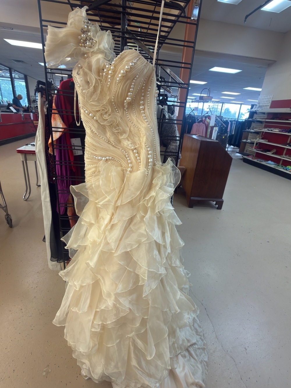 Musani Ivory Ruffled Organza Evening Dress with Beaded Accents
